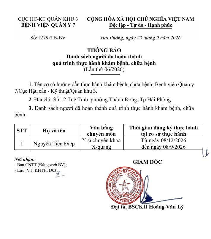 Bệnh viện Quân y 7 thông báo Danh sách người đã hoàn thành quá trình thực hành khám bệnh, chữa bệnh